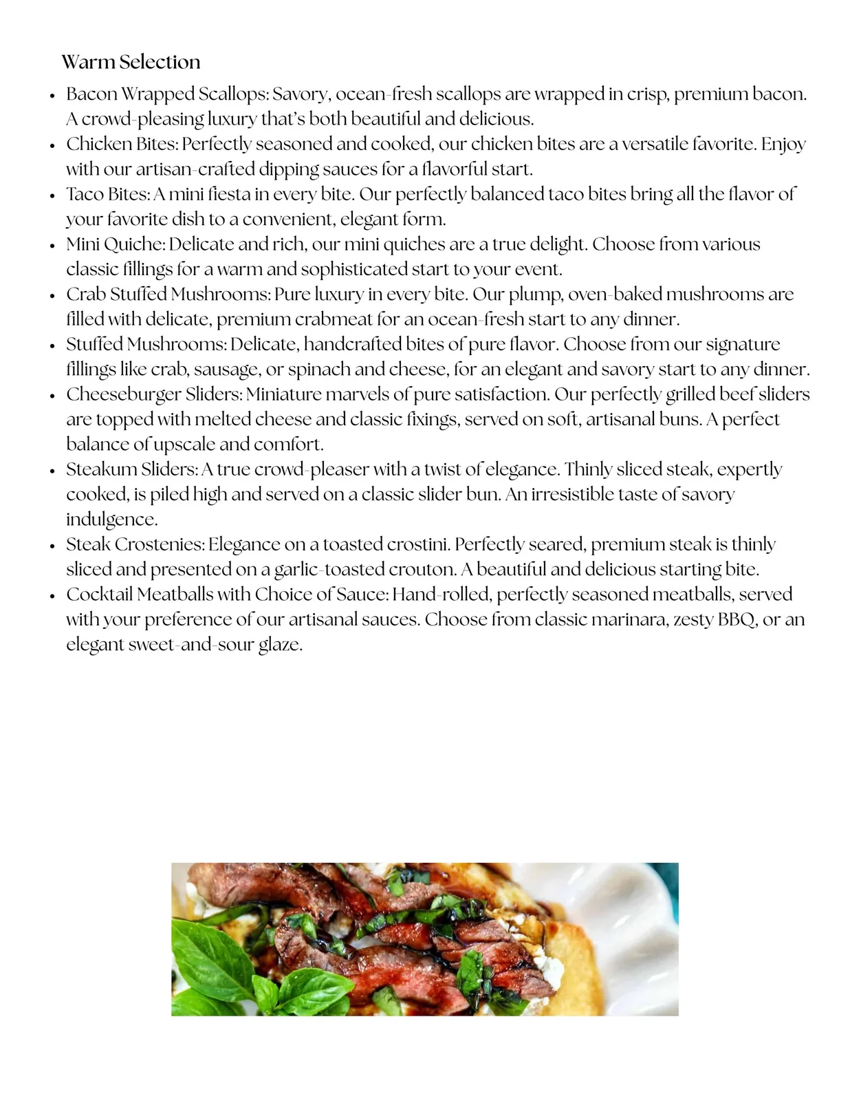 Catering menu text titled "Warm Selection" listing items like scallops, sliders, and crostini, with a photo of steak on flatbread below.
