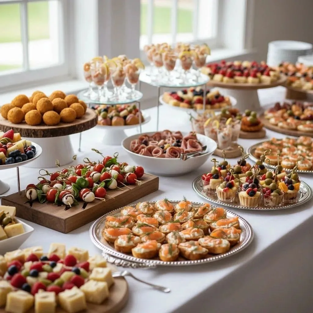 A buffet table featuring smoked salmon crostini, caprese skewers, cured meats, fruit with cheese, and assorted appetizers.