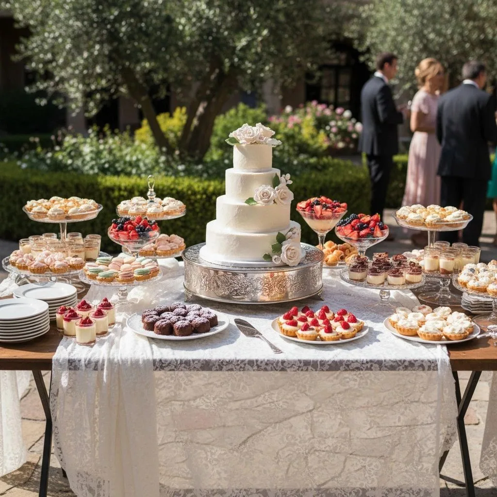 Four-tier white wedding cake with white roses on a silver stand, surrounded by assorted pastries, tarts, and desserts on a lace-covered outdoor table.