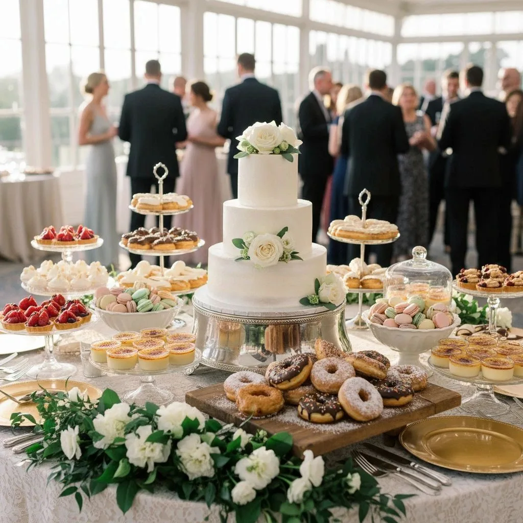 Tiered white wedding cake with white roses on a dessert table surrounded by donuts, tarts, macarons, and pastries, with guests mingling behind.