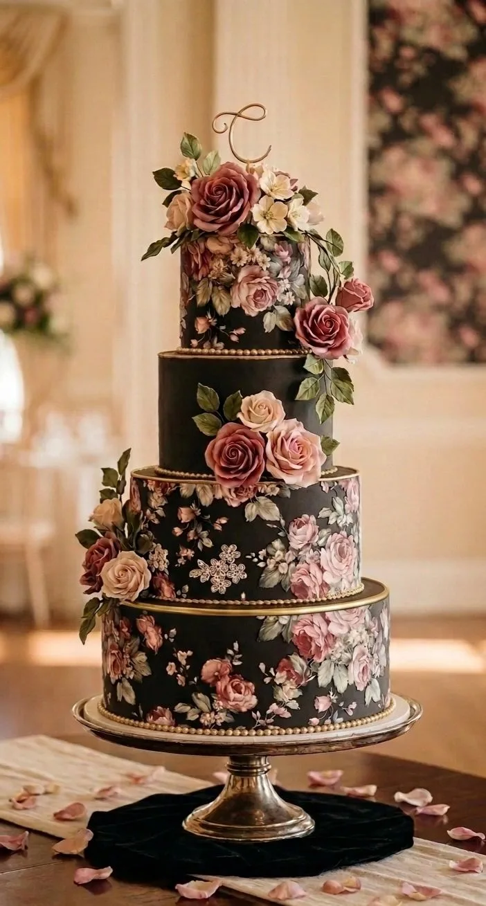 Four-tier black cake with painted pink florals, cascading sugar roses, and a gold monogram topper on a silver stand.