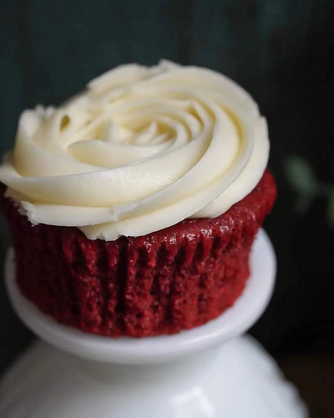 A close-up of a red cupcake topped with a thick, rosette swirl of white frosting on a white base.