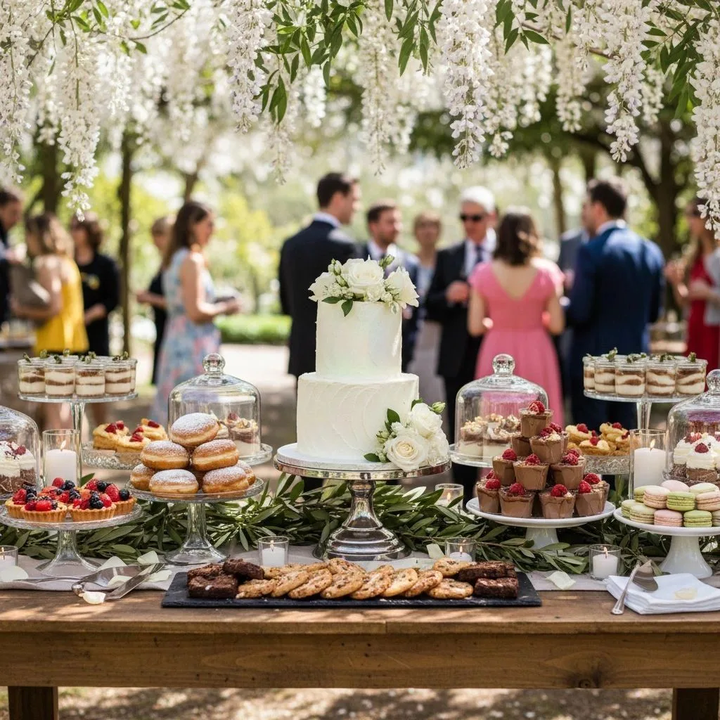 Two-tier white cake with roses surrounded by macarons, berry tarts, cookies, and donuts on a dessert table beneath hanging white blossoms.