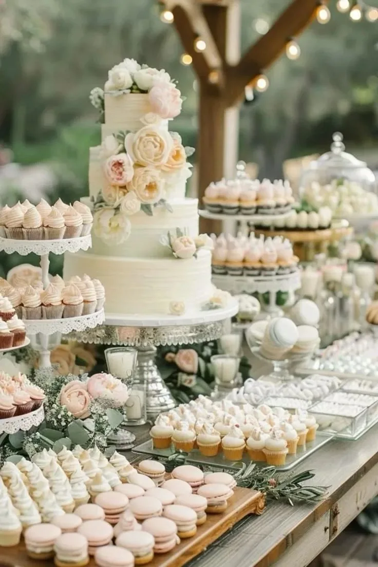 Multi-tiered white cake with flowers surrounded by pink-frosted cupcakes, macarons, and meringues on a rustic wooden table.