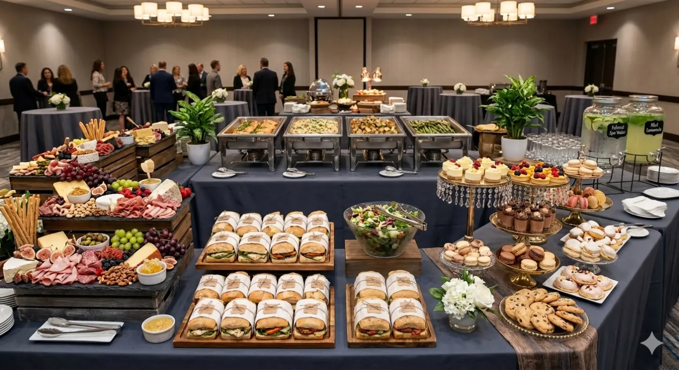 Event buffet with a charcuterie display of cheeses, cured meats and fruit, wrapped sandwiches, salad, and a dessert table of macarons, cookies and mousse cups.