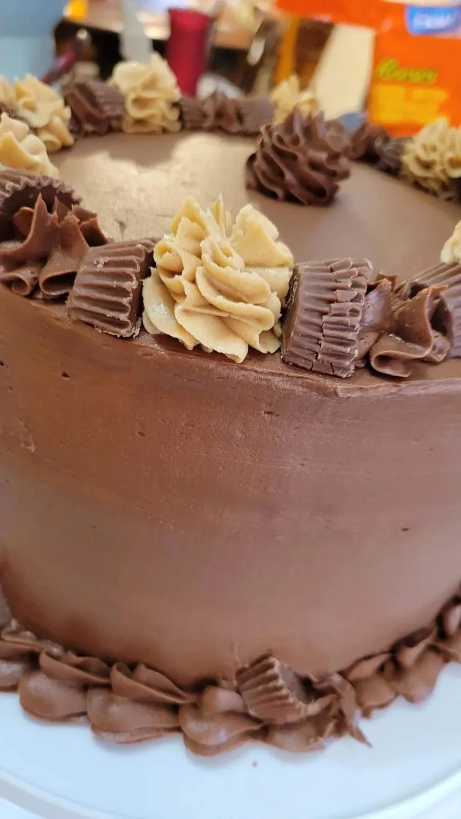 Chocolate frosted cake with piped rosettes of dark and light frosting plus chocolate candy bar pieces on top.
