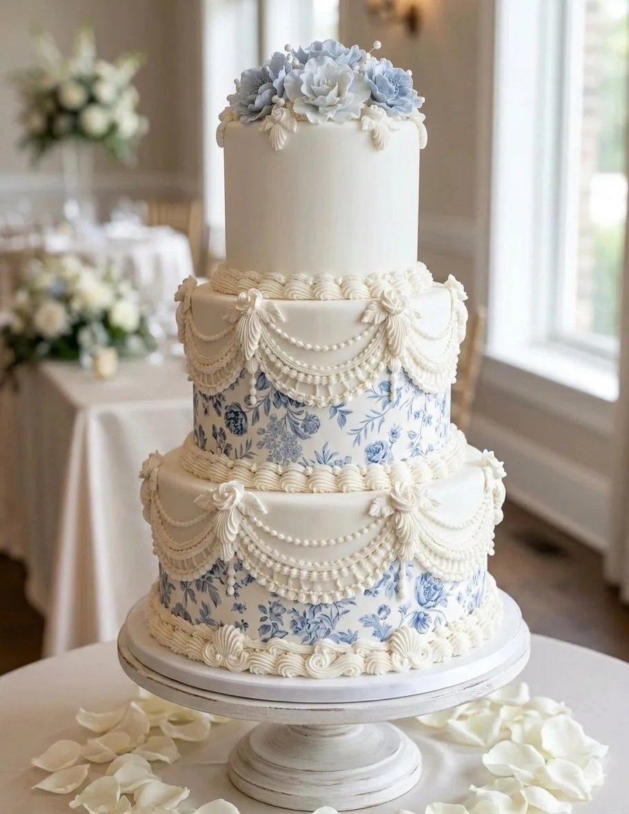 Three-tier white cake featuring blue floral patterns, piped frosting swag details, and blue and white sugar flowers on top.