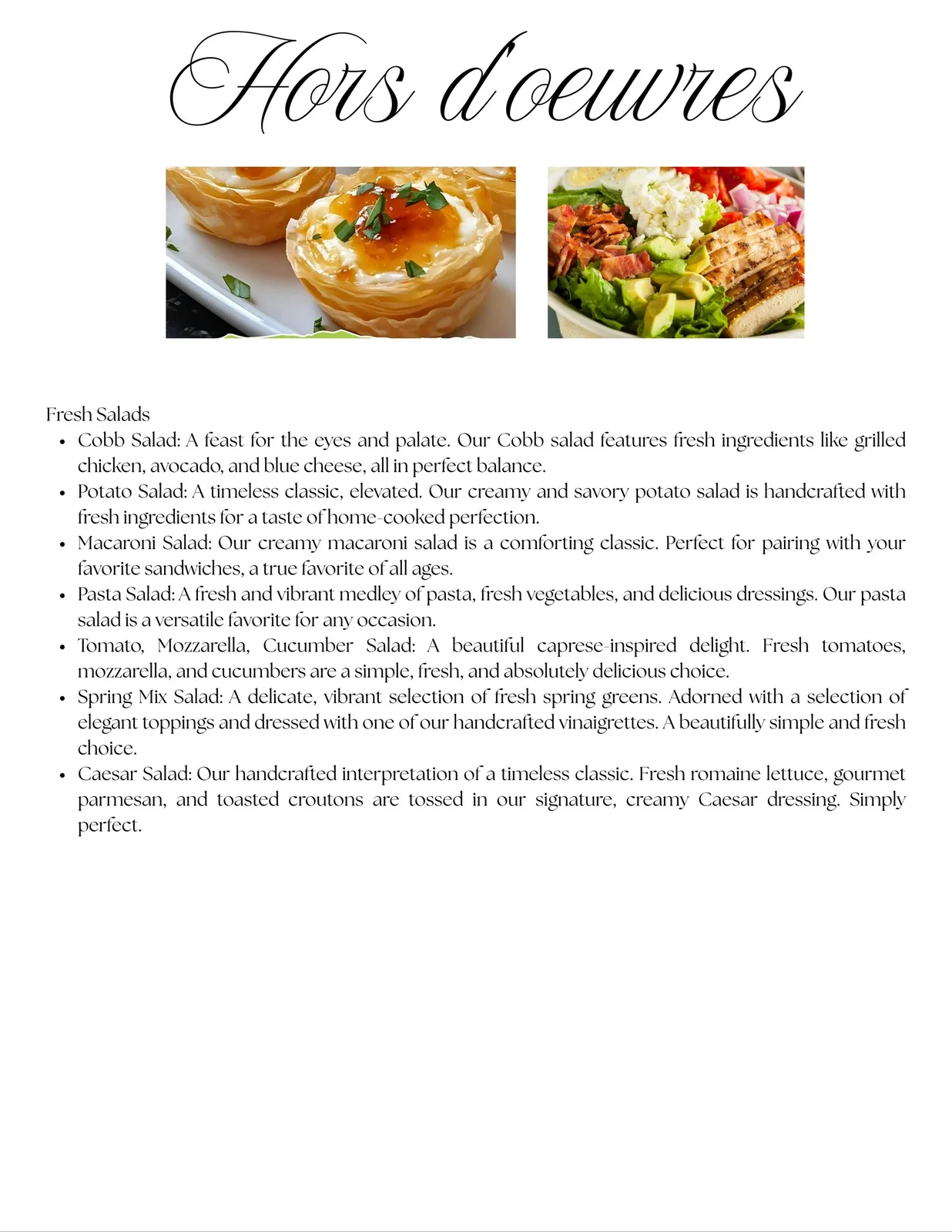 Hors d'oeuvres menu with photos of phyllo cup appetizers and a grilled chicken salad, plus a Fresh Salads list.