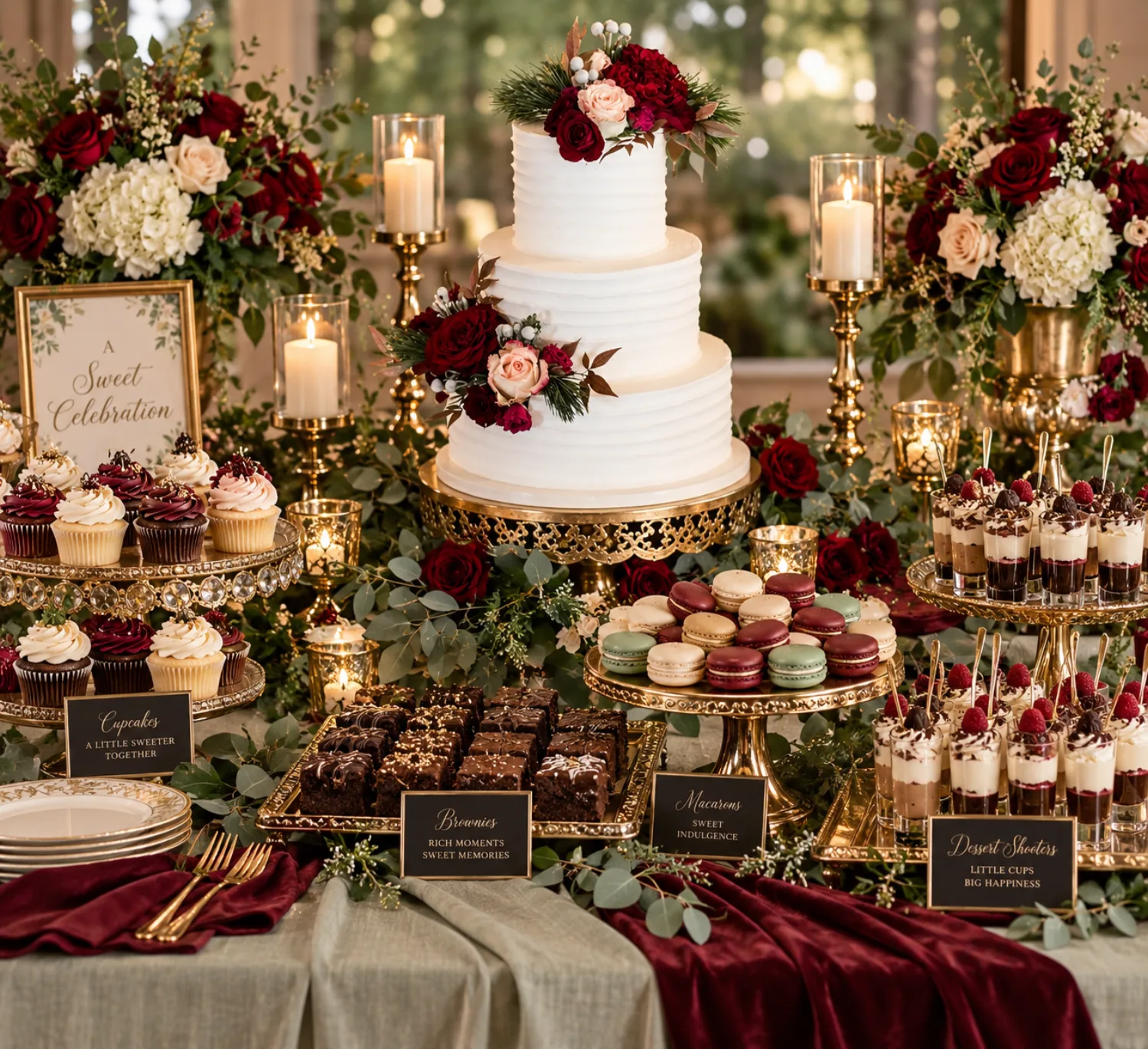Wedding dessert table with a three-tier white buttercream cake trimmed in burgundy roses and eucalyptus, beside cupcakes, brownies, macarons and layered dessert shooters on gold stands.